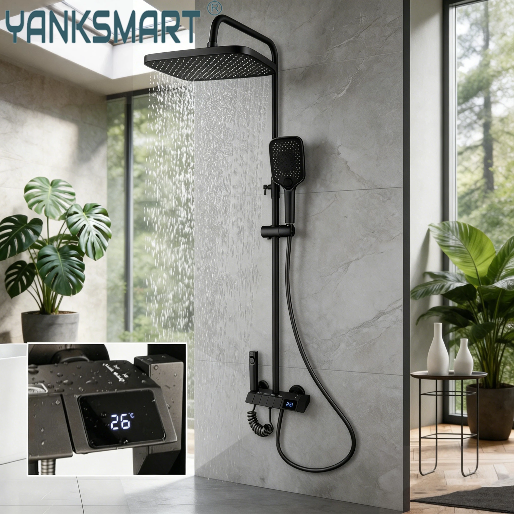 

YANKSMART Bathroom Black Digital display luxury Shower System Set 4-way Rainfall Head high quality outdoor faucet shower column