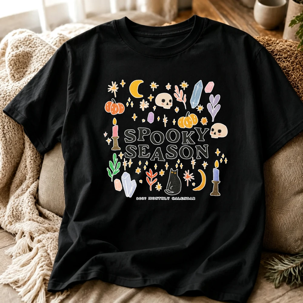 Halloween Spooky Season Graphic T‑Shirt Witchy Doodle Art Skull Pumpkin Black Cat Crystal Moon Candle Star Plant Spooky Tops