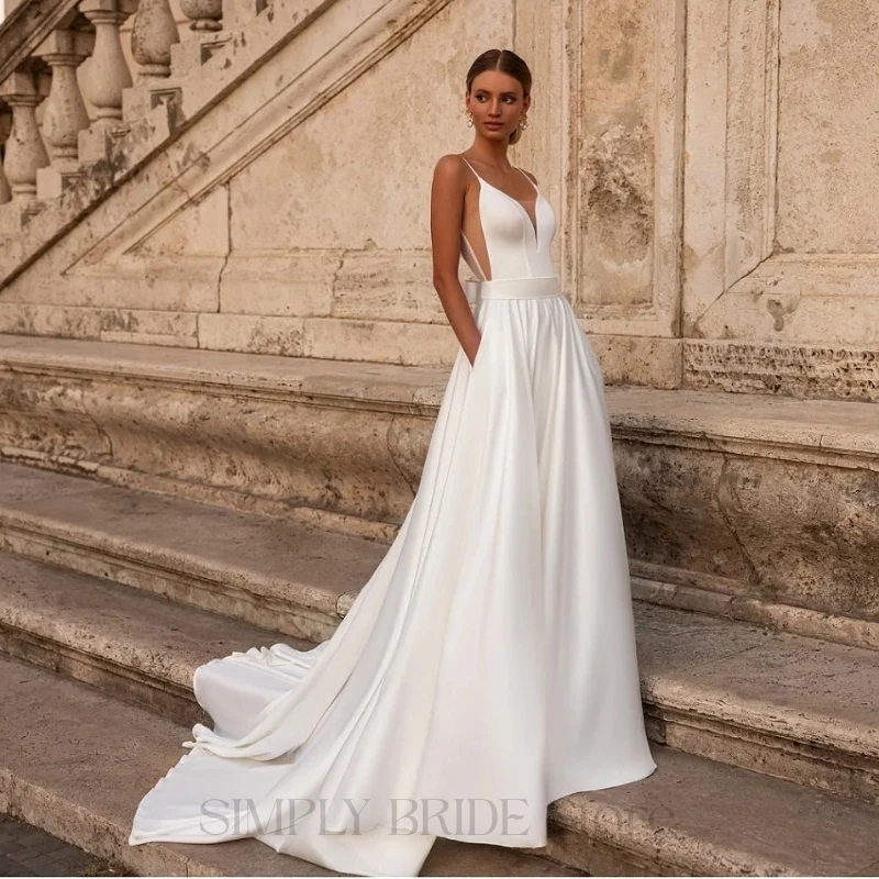 

Elegant Wedding Dress For Woman Sweetheart-Neck A-Line Spaghetti Straps Open Back Bride Gown Train Vestidos De Novia Customized
