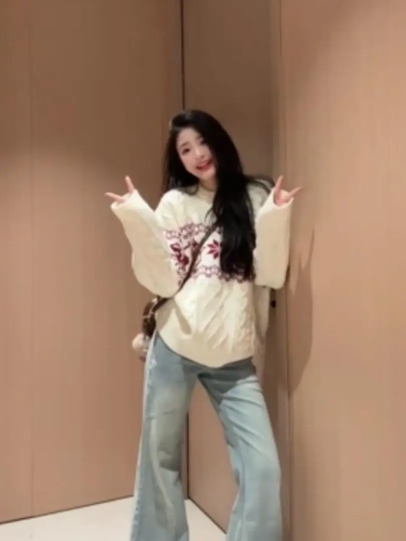 Cisas Aosphere Fair Isle round Ne Maglione da donna sciolto Thi Lazy lavorato a maglia irt Retro Top caldo soffice lungo Sve