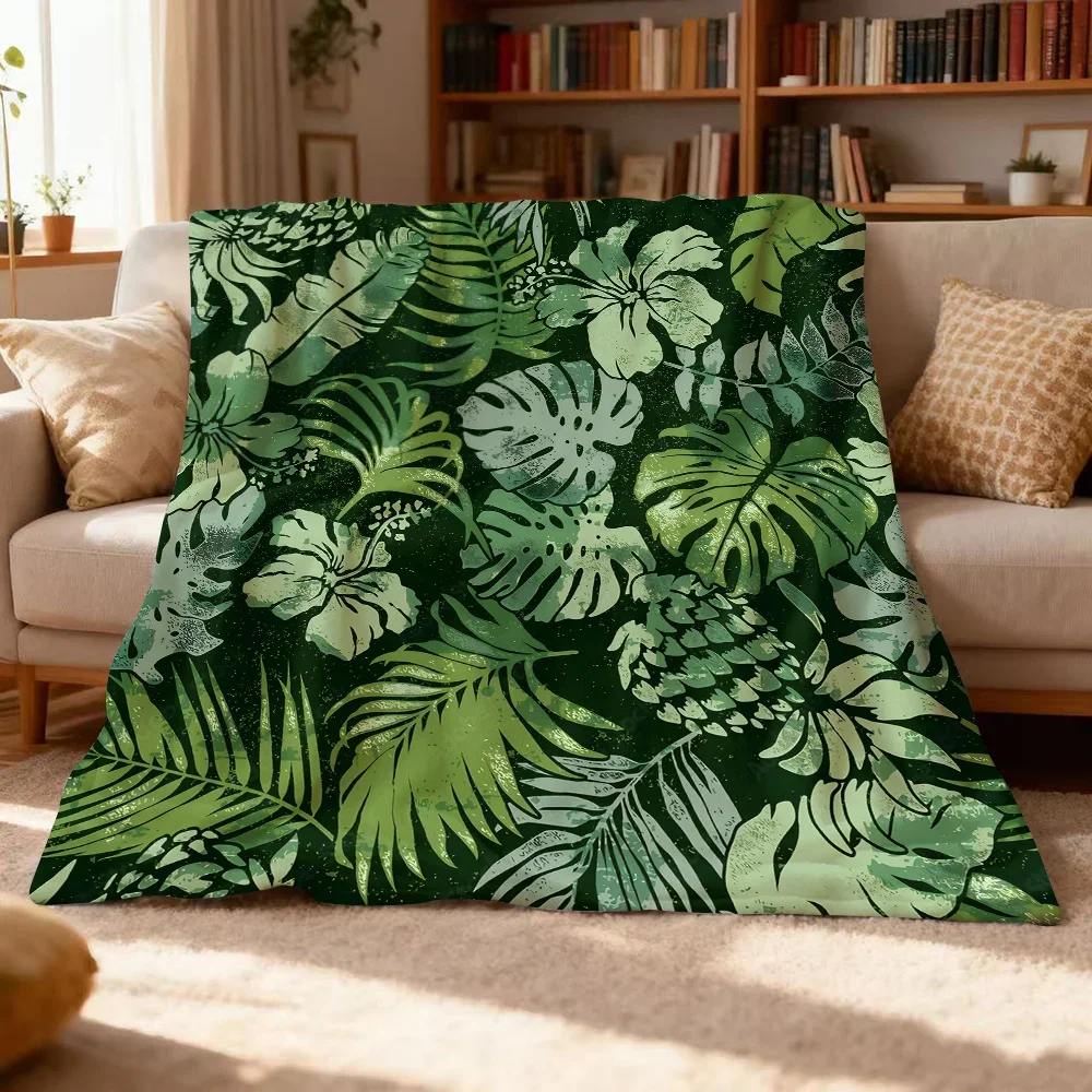 Eco Friendly Green Leaf Throw Blanket Nature Themed Grid Print Soft Cozy Wrap For Sustainable Home And Modern Organic Decor