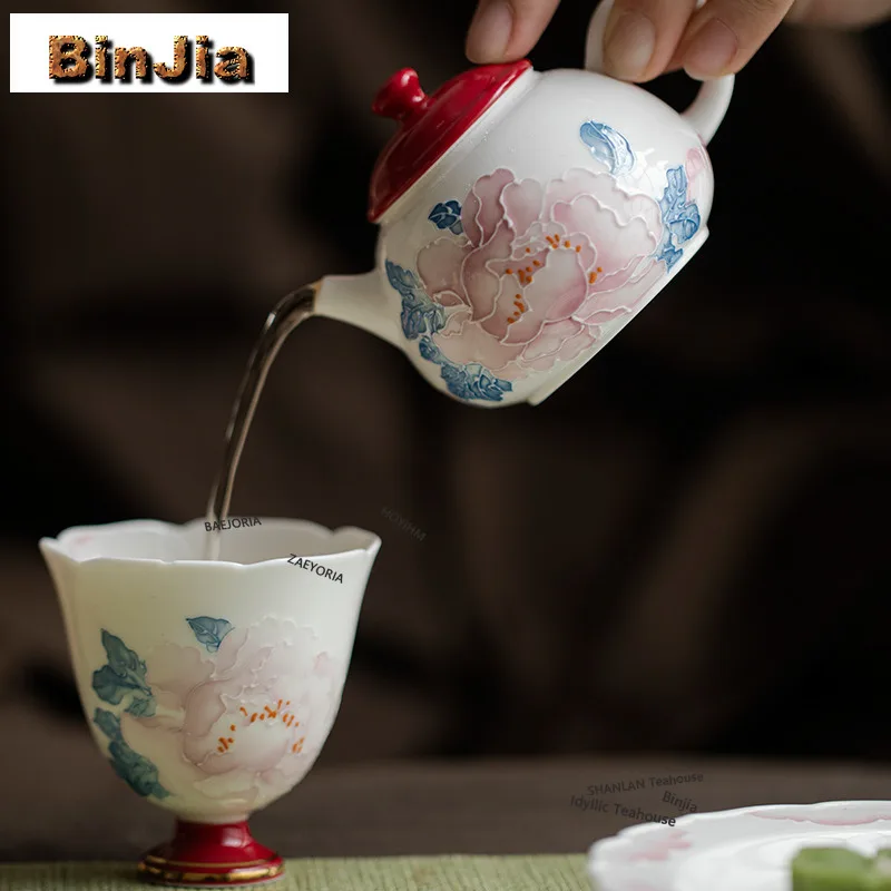 BAEJORIA 105ml Hand Drawn Peony Teapot For Stacking Materials Single Pot Small Size Special Tea Pot High End Kung Fu Tea Craft
