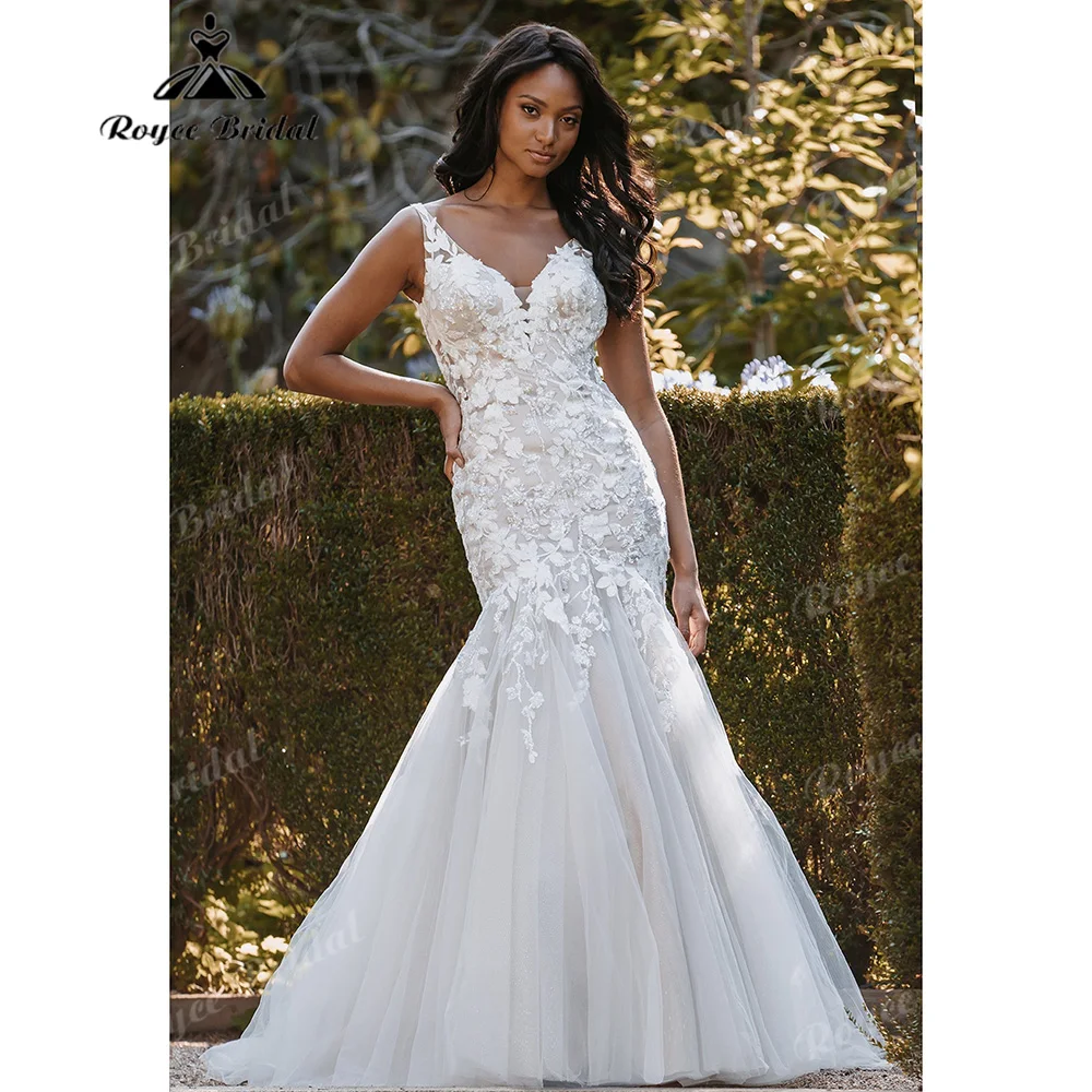 V‑Neck Spaghetti Strap Mermaid Wedding Dress 3D Floral Lace Appliques Tulle Illusion Back Chapel Train Vestido De Novia Customiz