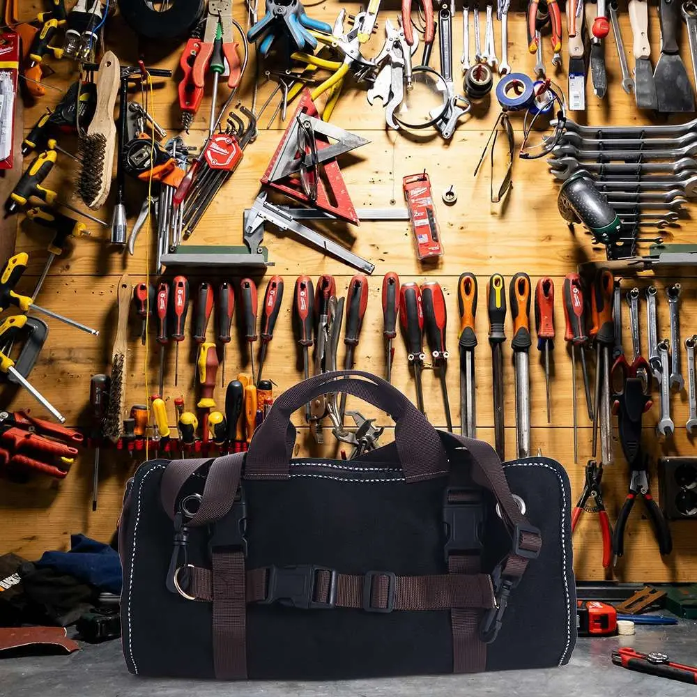 

Heavy-Duty Waxed Canvas Tool Roll Waterproof Bag Roll 15-Pockets Roll Easy Transport Maximum Storage Tool Roll Up Bag Workshop