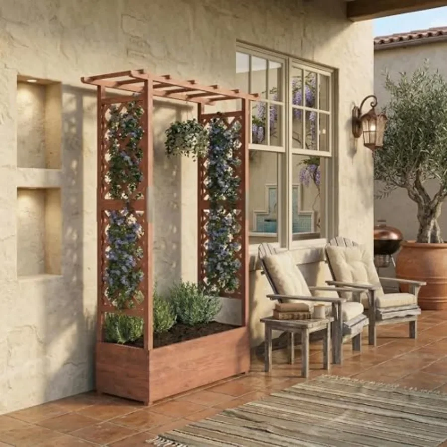 Tall Wooden Garden Arbor with Planter Box, Freestanding Plant Support Structure, Side Trellis Hanging Canopy for Climbing Plant