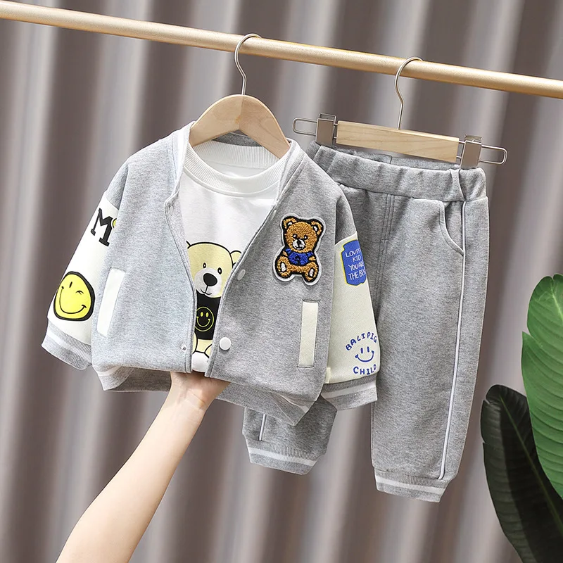 

3PCS Kids Boutique Clothes 2023 Spring Autumn Baby Boys and Girls Cartoon Long Sleeve Cardigan Coats T-shirts Pants Outfit Set