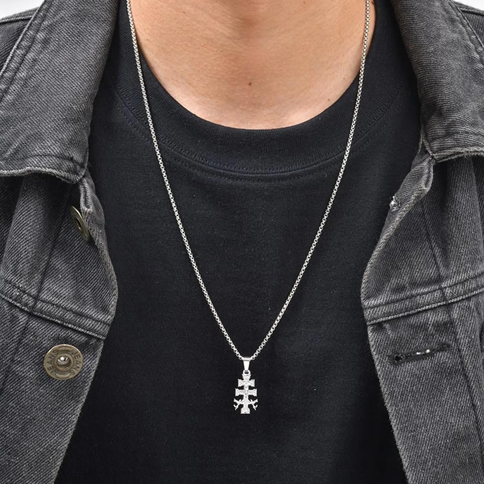 Orthodoxe Russische Kreuz-Halskette für Männer, Silberfarbener Edelstahl-Kreuzanhänger, Glaubens- und Gebetsschmuck – Detail 2