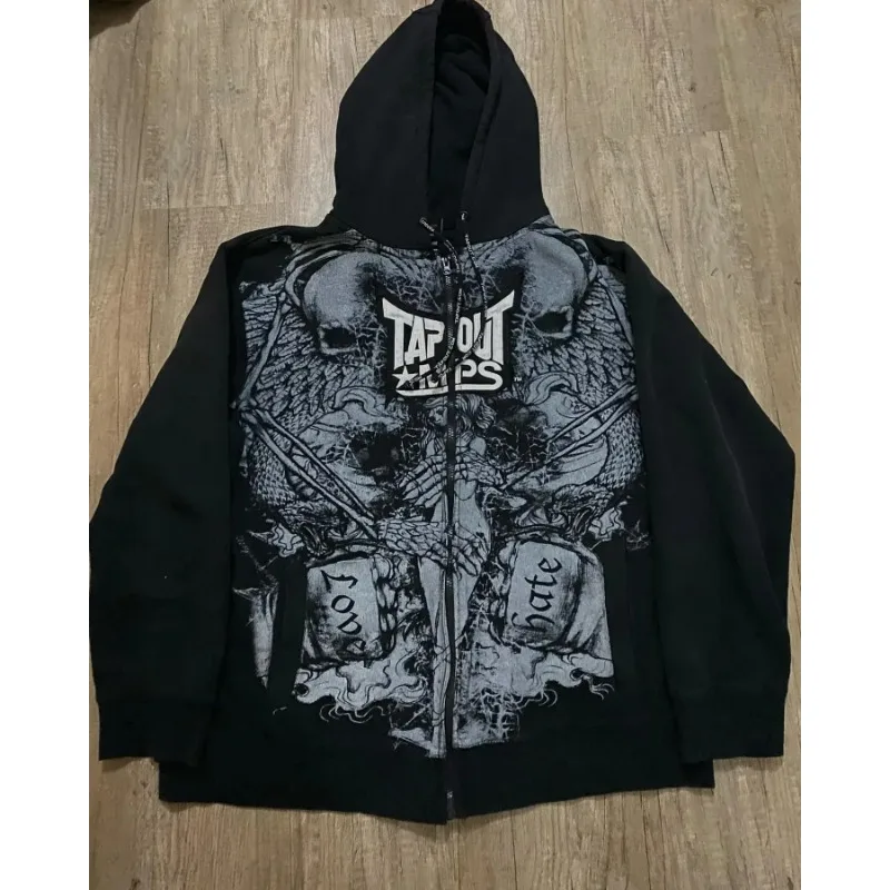 Tapout Zipper Hoodie Y2K Sweatshirt Retro Hip Hop Letter Print Oversized Black Hoodie Sweatshirt Mens Womens Rock Gothic Jacket