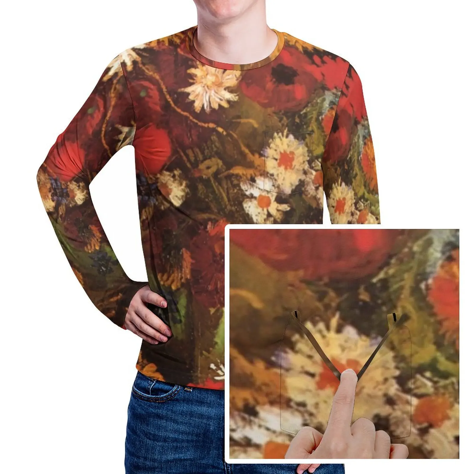 Vincent Van Gogh T Shirt With Pockets Poppies Cornflowers Hip Hop T-Shirts Male Fun Tee Shirt Long Sleeve Graphic Tees Plus Size