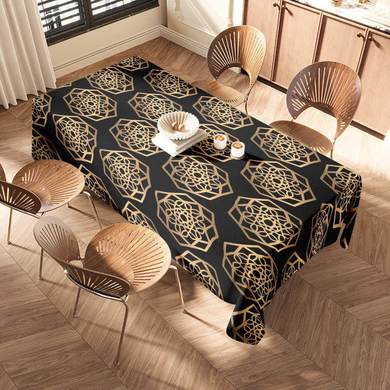 Golden Geometric Tablecloth for Dining Room Decor Stylish Hexagon Pattern Black Plaid Kitchen Rug Cover 5 Piece Set/Table Linen