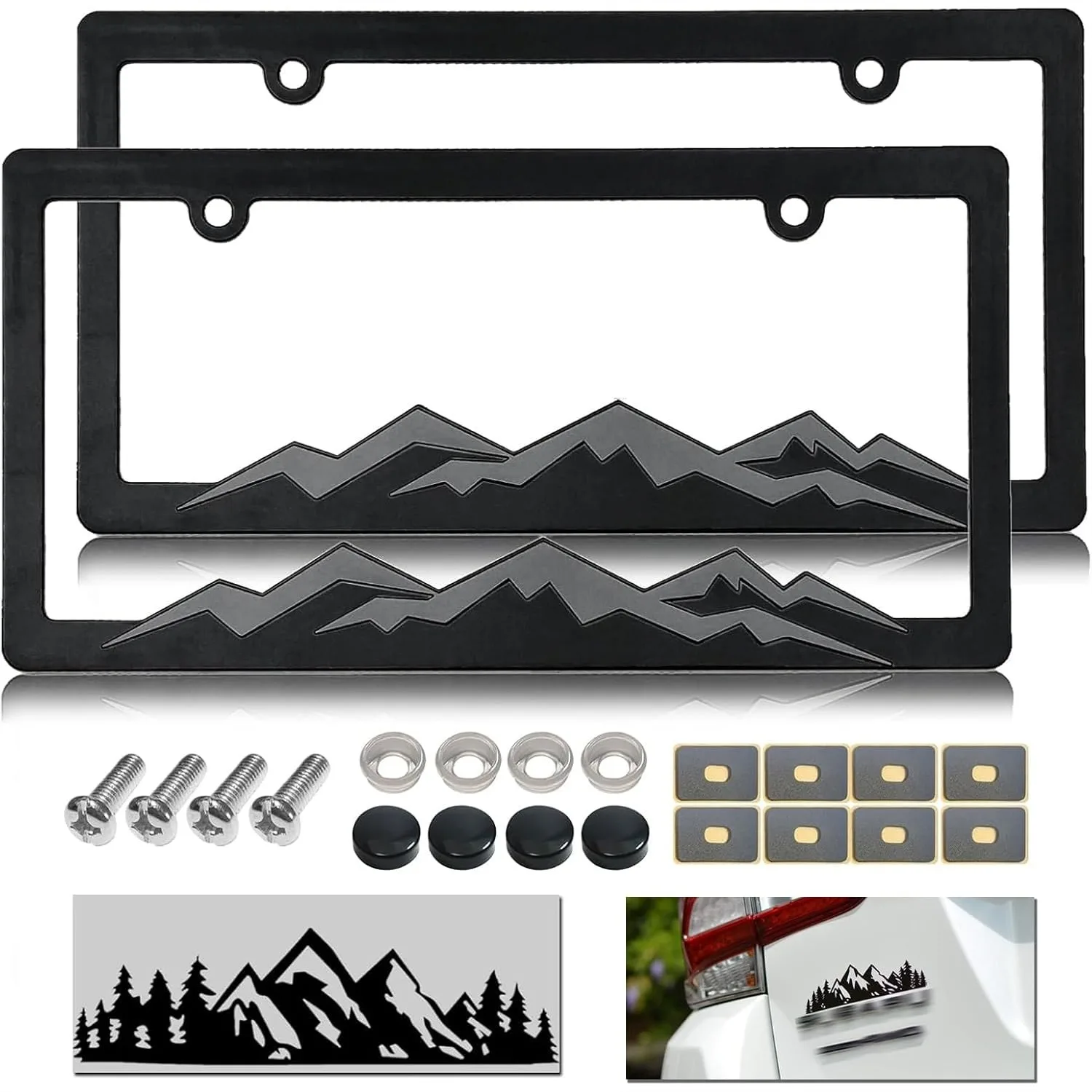 

Mountain License Plate Frames - 2 Pack Plastic Car Tag Holders with Raised Design, Gray on Black, Includes Screws & Vinyl