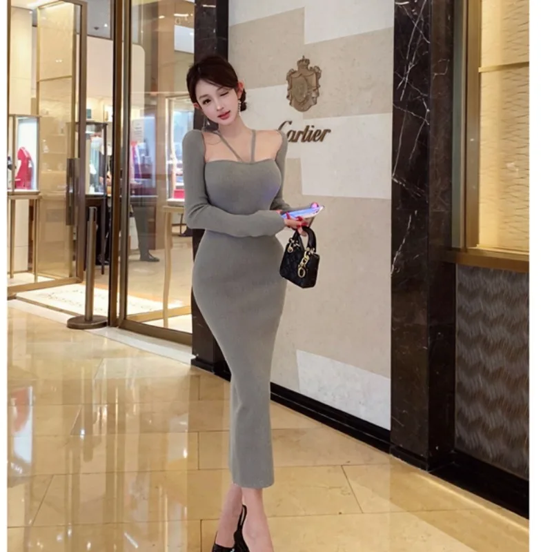 Сексуальное трикотажное платье Long Sve, женское облегающее платье с запахом, длинное платье, осень-зима, новинка, китайская мода для девочек