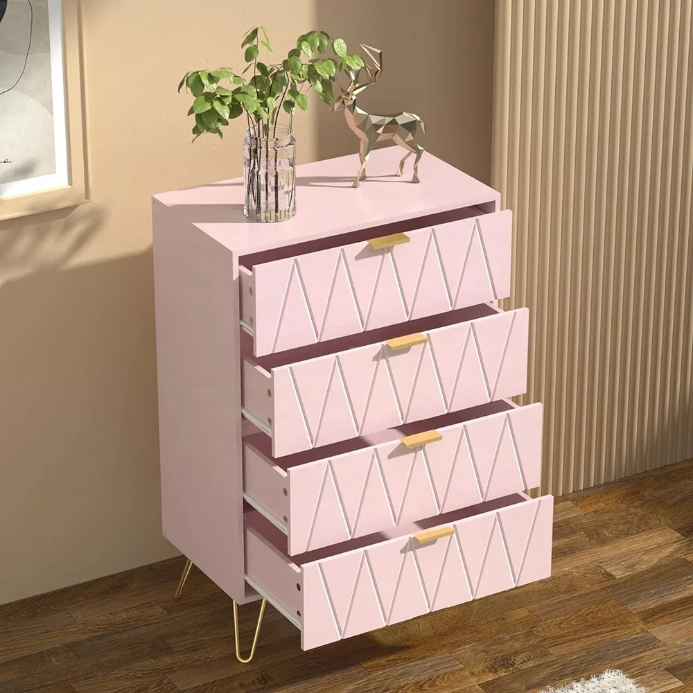 

Line Series Pink 4 Drawers Chest Of Drawers Simple Design Living Room Storage Cabinet Durable MDF Storage Dresser Cabinet