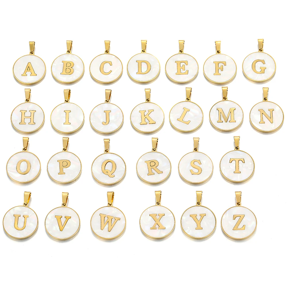 5Pcs Stainless Steel Round Shell English Letters Gold Color Charms Pendants for DIY Jewelry Making Necklace Earrings Supplies