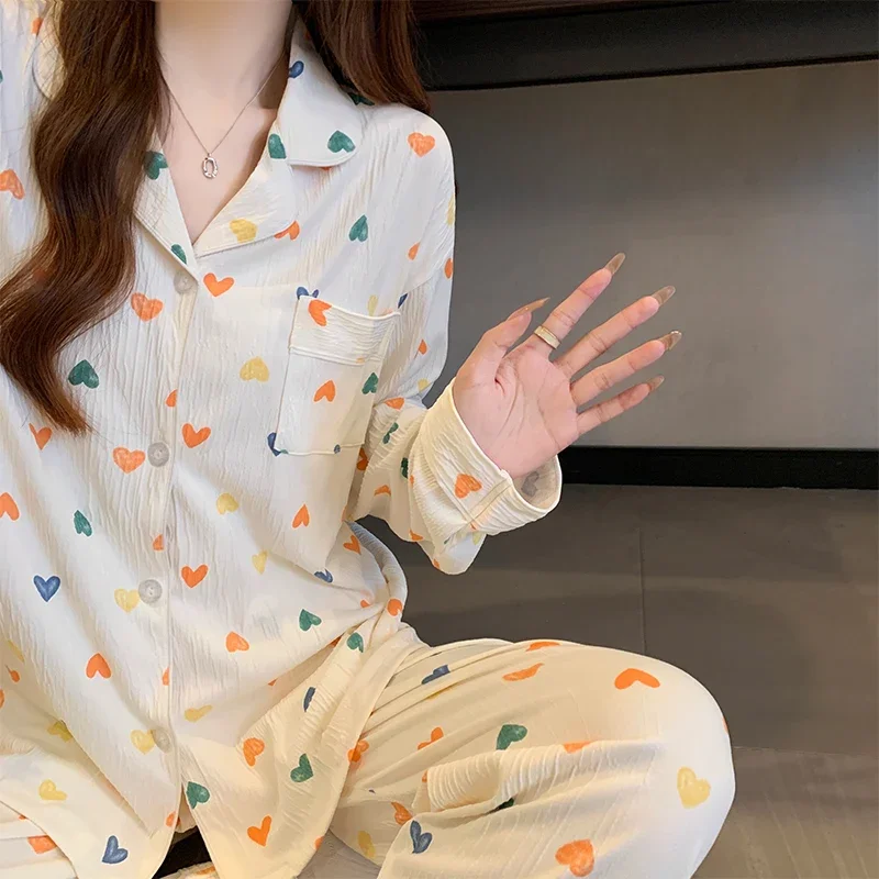 Romantic Colorful Love Heart Print Women's Pajamas 2026 Spring New Sweet Lounges Fashion Y2k Milk Silk Wrinkled Cloth Sleepwear