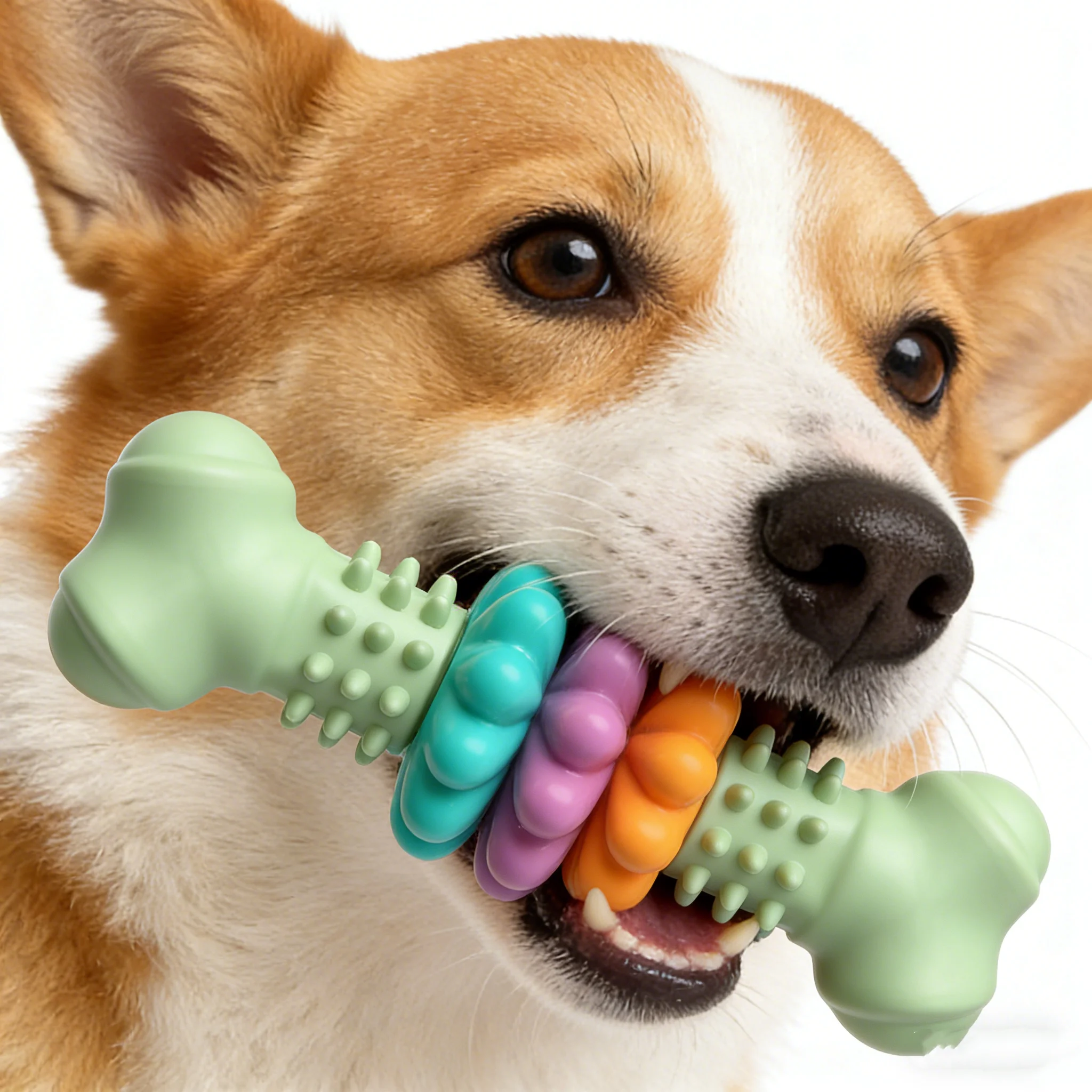 Durable rubber dog chew toy in bright colours