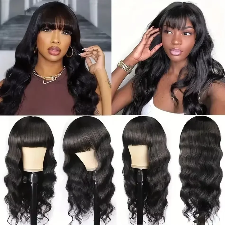 Body Wave rambut manusia 30 Inche wig dengan poni 3x1 mesin penuh dibuat wig rambut manusia untuk wanita warna alami dengan kepadatan 200%