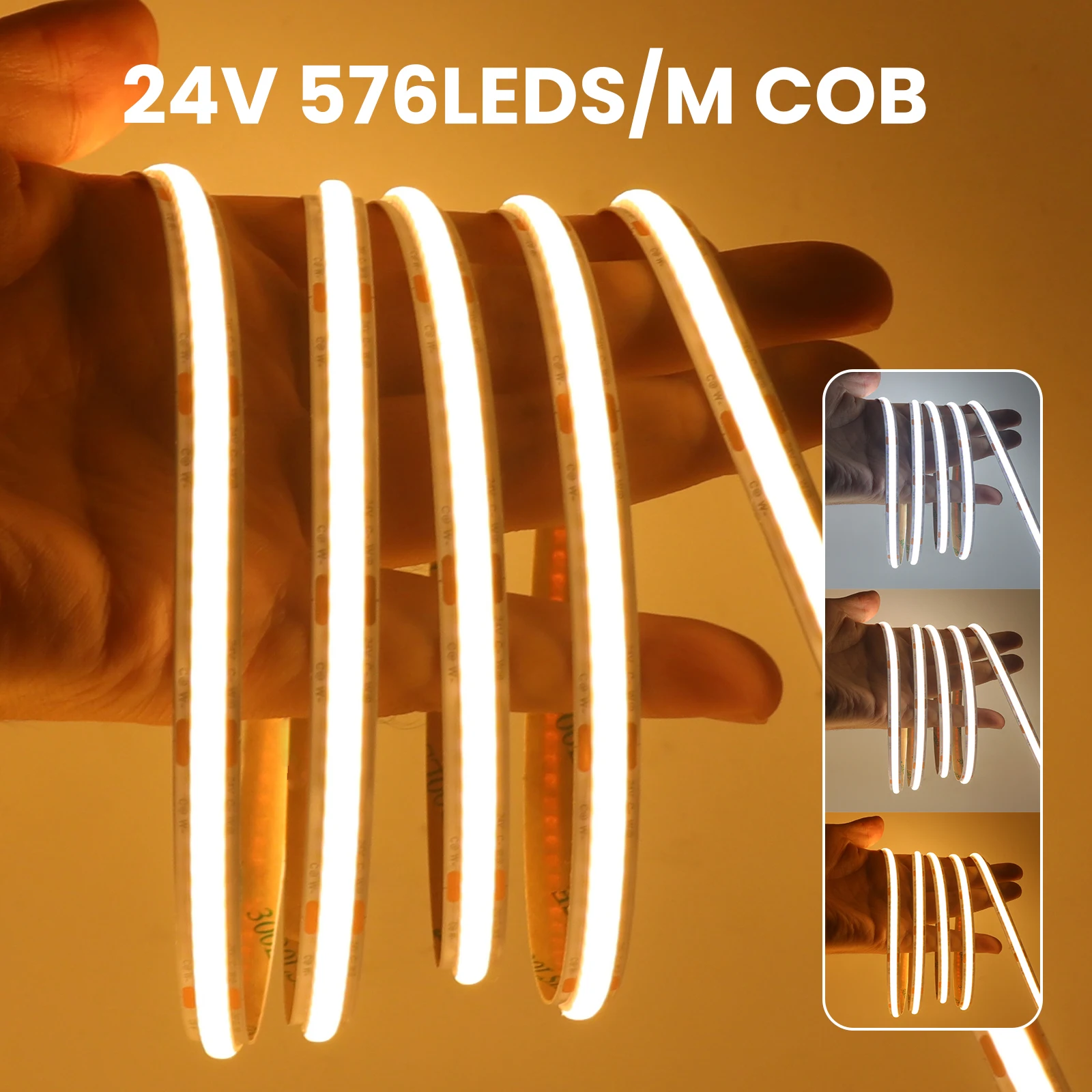 COB CCT LED قطاع ضوء 576 المصابيح/م عالية الكثافة مزدوجة اللون RA90 عكس الضوء 24 فولت 2700 كيلو إلى 6500 كيلو للتغيير 8 مللي متر عرض شريط مرن