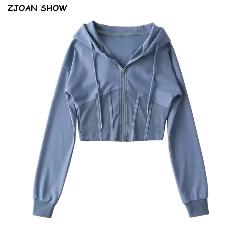 

4 colors Harajuku Spliced Rib Fishbone Slim Waist Open Zipper Hooded Sweatshirt Women Cropped Hoodies Casual Jumper Short Sweats