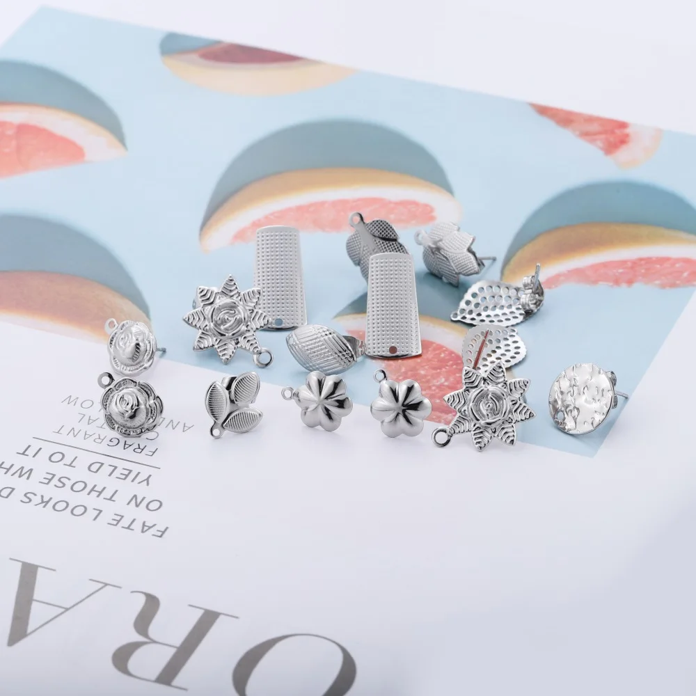 10pcs Stainless Steel Geometric Round Earring Stud Golden Earrings Base With Earring Plug Connectors For DIY Jewelry Making