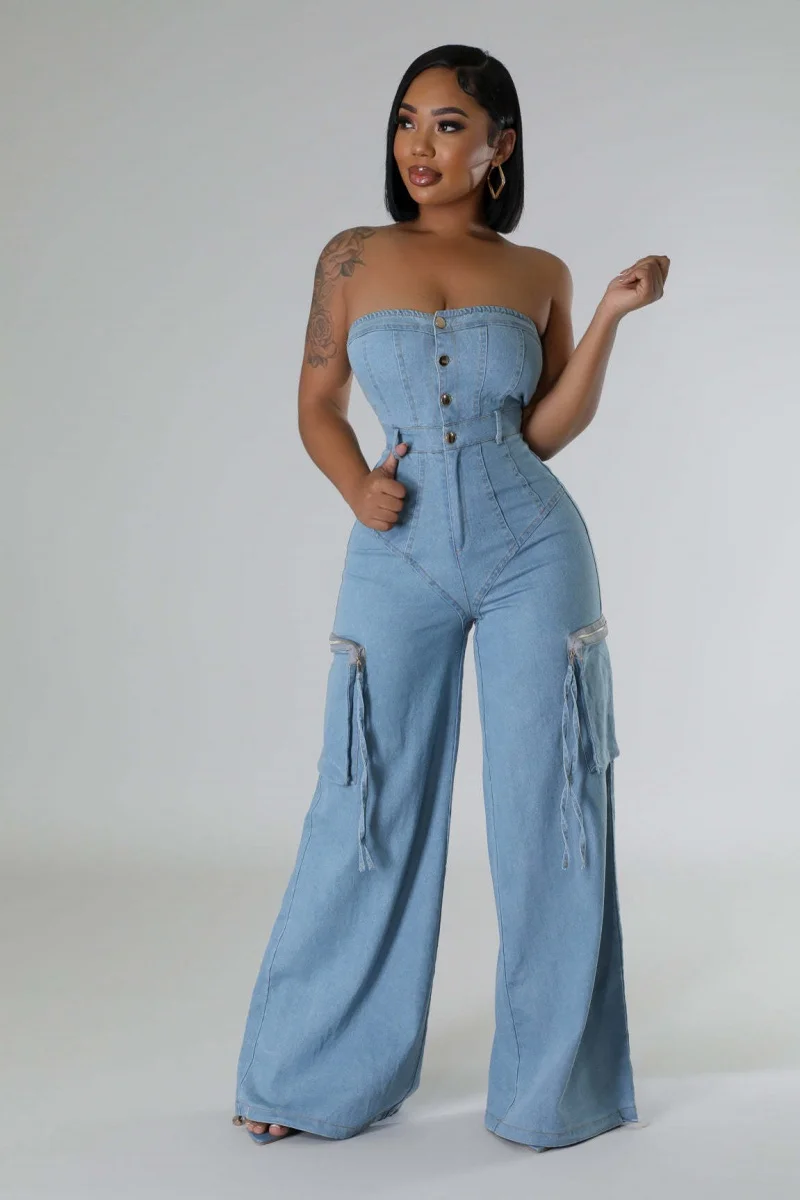 

Streetwear Denim Cargo Jumpsuits Summer Clothes Women Sexy Strapless Straight Jeans Rompers Playsuits One Pieces Overalls Outfit