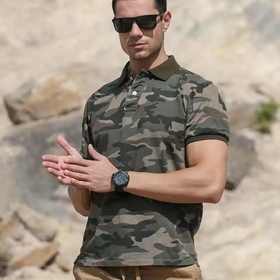 

American camouflage short sleeved T-shirt polo shirt Men's pure cotton lapel half sleeved camouflage shirt Military training shi