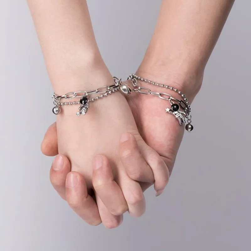 1Pair Romantic Couple Bracelet for Women Men Cute Astronaut Spaceman Double Layer Chain Bracelet Friendship Jewelry Gifts