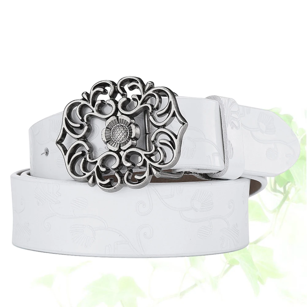 

Vintage Debossed Pattern Leather Belt For Women With Attractive Flower Shaped Buckle Red Ladies Waist Accessory