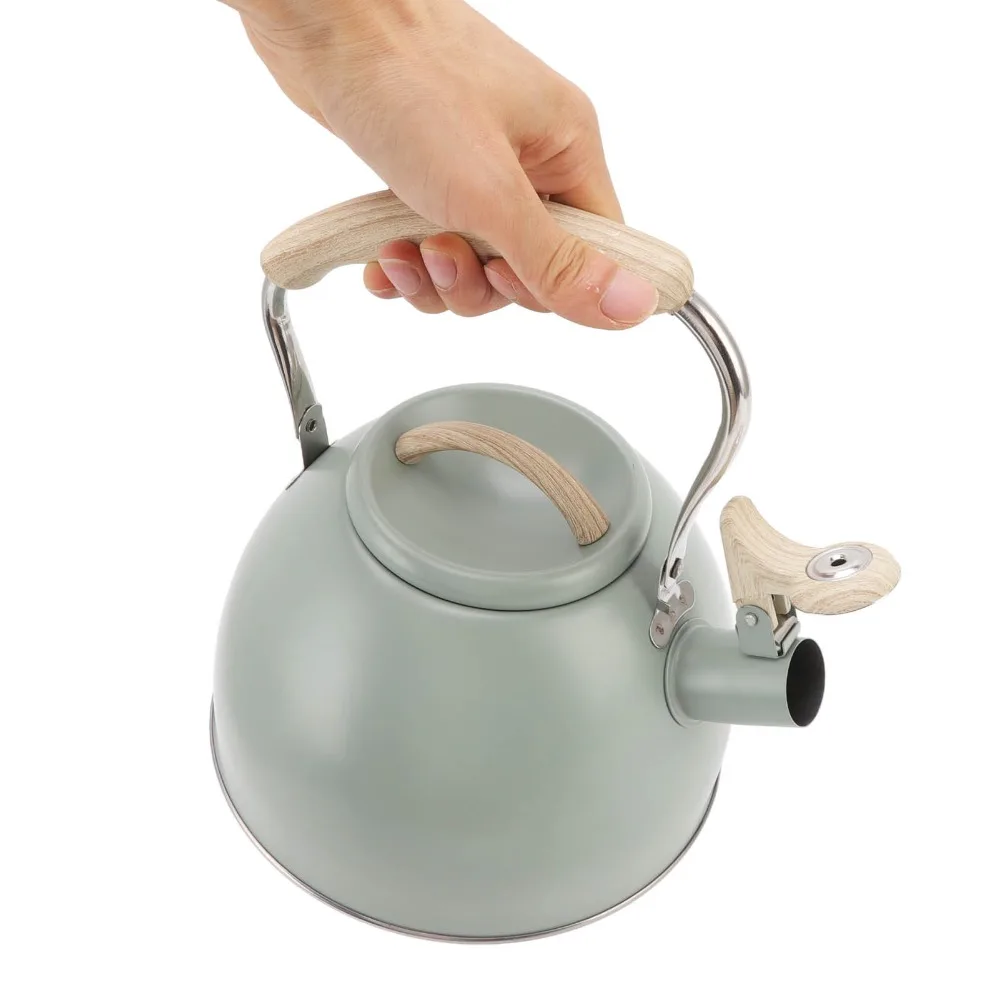 

Light Green Whistling Teapot Stainless Steel 3L Capacity Flat Bottom Teapot Wood Pattern Handle Whistling Tea Kettle Home Use