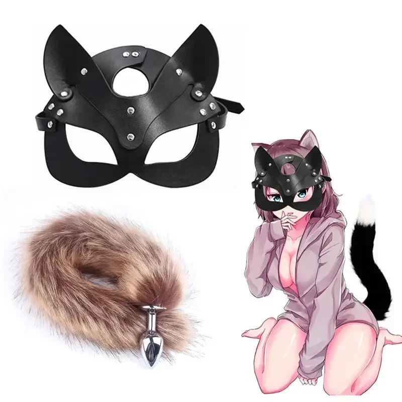 Juguetes sexuales para mujer, Cosplay, máscara de zorro, tapón Anal de cola, tapón Anal de Metal, máscara de medio gato, fiesta, máscaras de juego sexys para adultos, BDSM