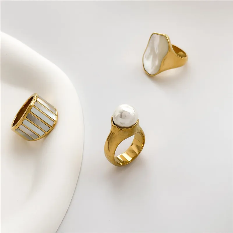 Punk Pearl Big Shell Geometric Ring Women Stainless Steel Plated 18k Creative Charm Beach Party Jewelry Accessories