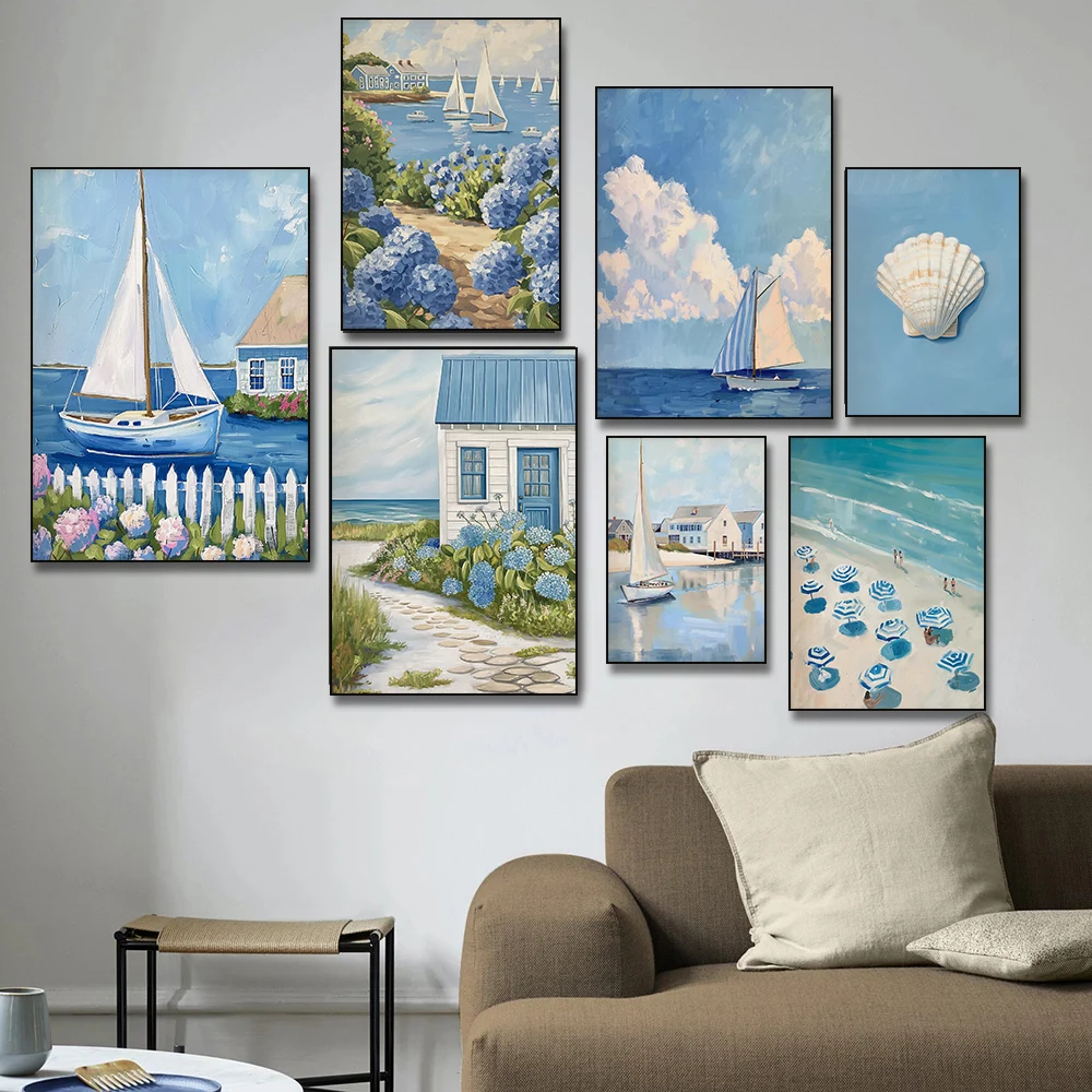 vintage Blue Coastal Beach  Sailboat Hydrangea Posters Prints Seashell Canvas Painting Wall Art Living Room Home Decor Cuadros
