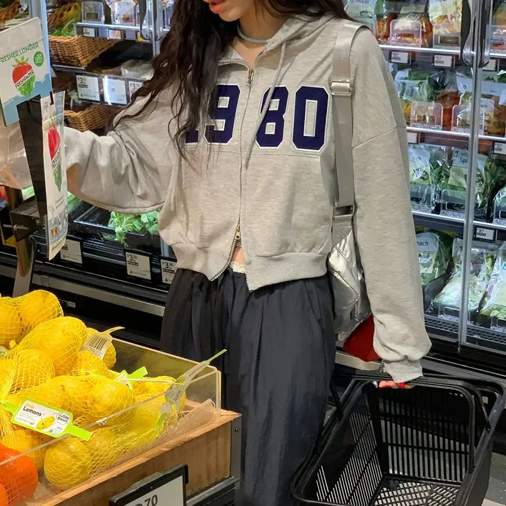 

Korean style Vintage Short Hooded Sweatshirt Jacket Women
