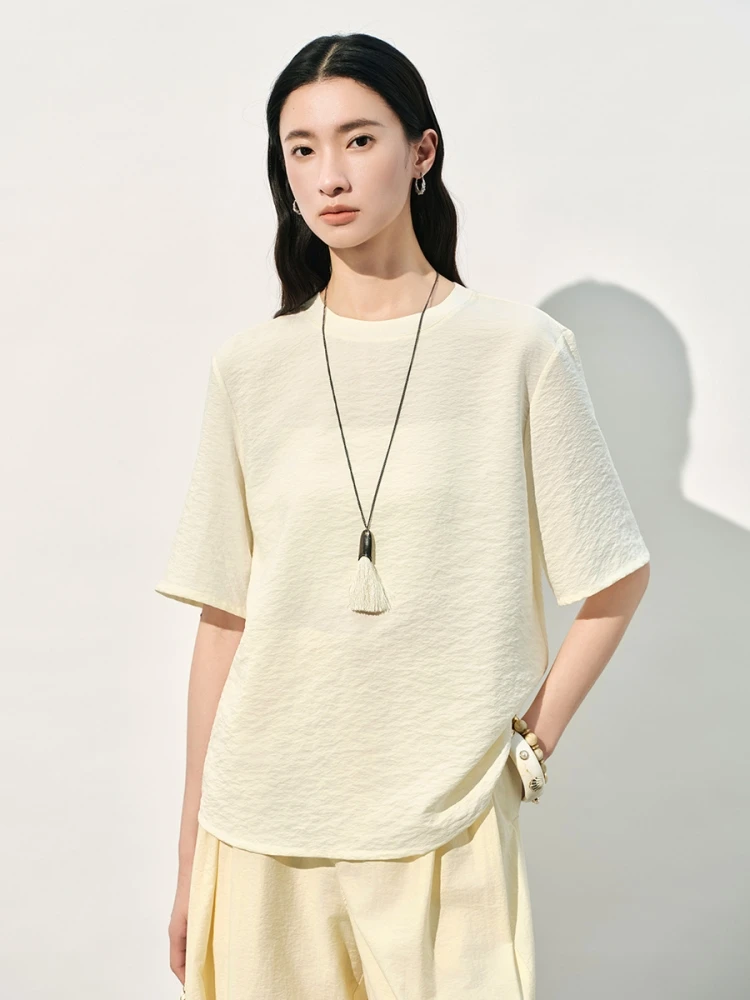 Birdtree, 80% Silk 20% Nylon Solid Tshirt, O-neck Short Sleeve Tops, Women's Loose Basics Thin Shirt, 2026 Summer New T64001JF