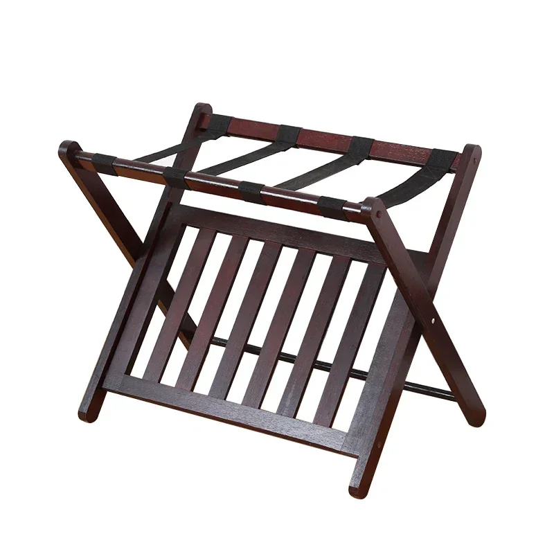 2026 Fully Assembled Brown Bamboo Folding Luggage Rack Suitcase Stand with Shoe Storage Shelf for Guest Room Bedroom Hotel
