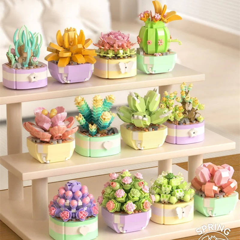 Flower Succulents Building Blocks Everlasting Flower Bonsai Tree Gardens Romantic Bricks DIY Potted Plants Model Kids Kits Toys