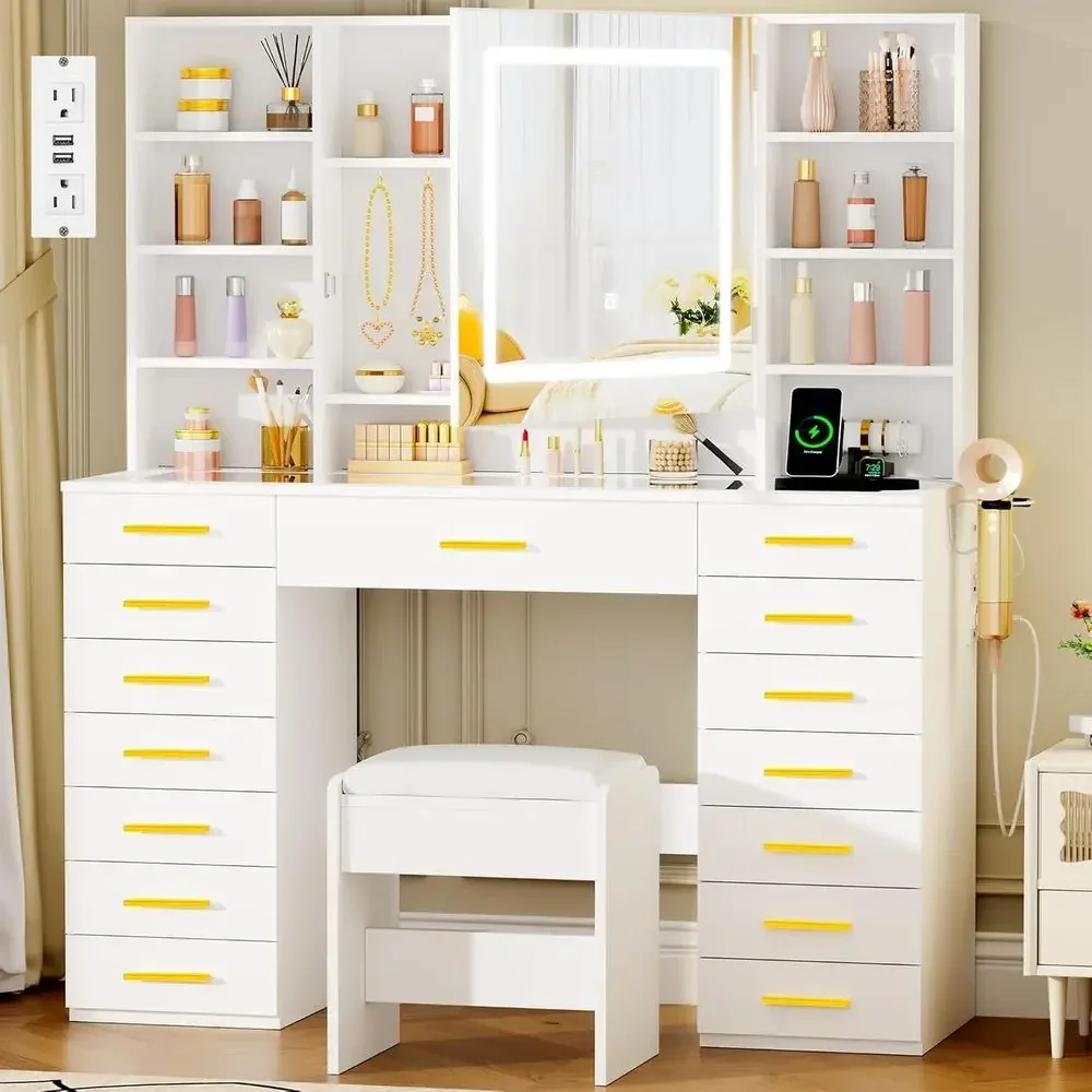 LED Lighted Mirror Vanity Desk with Glass Top, 15 Drawers Makeup Table, 9 Shelves, 8 Hooks, Large Dressing Table with Stool for
