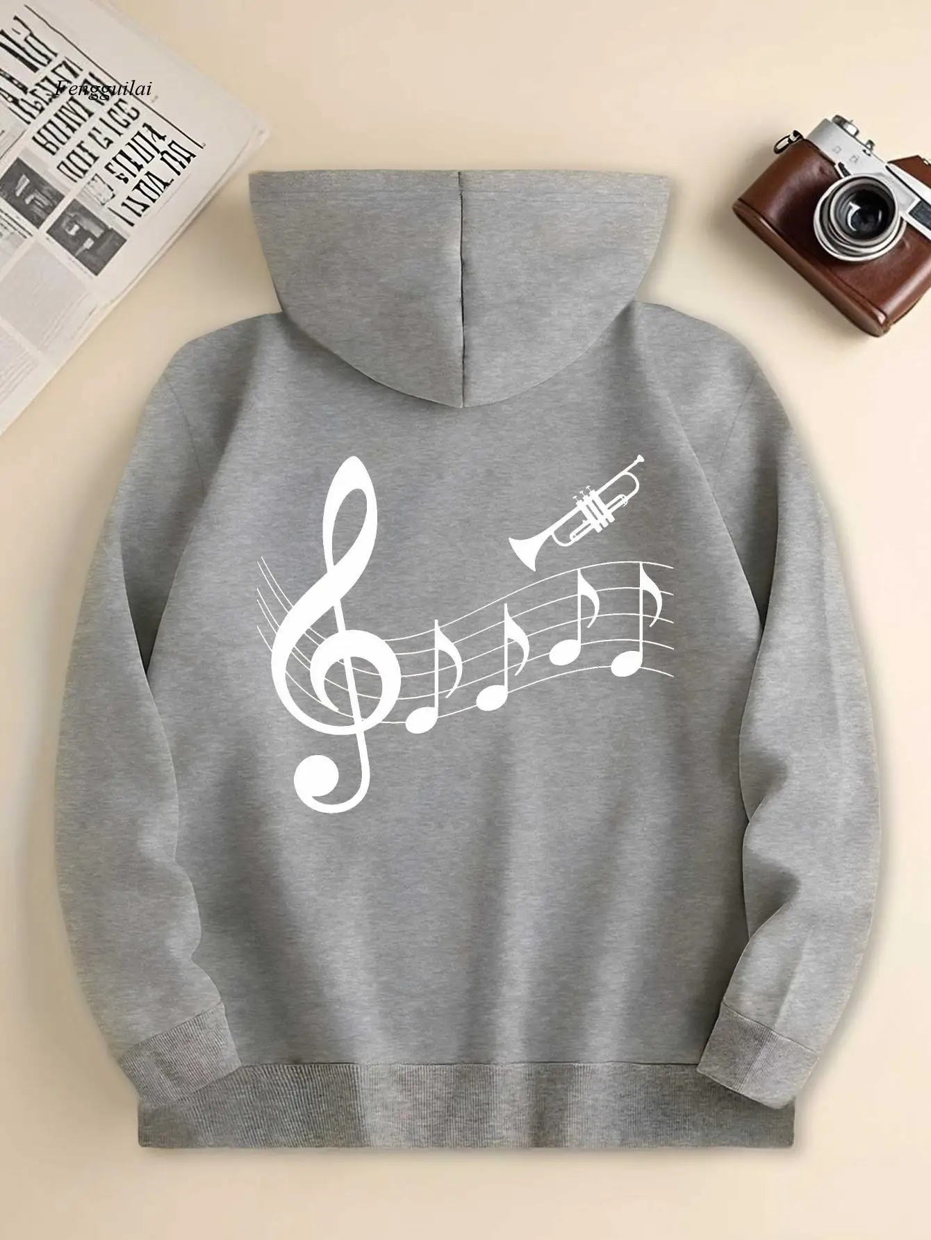 Trumpet Symphony Music Note Graphic Print Hoody Sweatshirt Monochrome Art Design Hoodie with Pocket Long Sleeve Casual Women Top