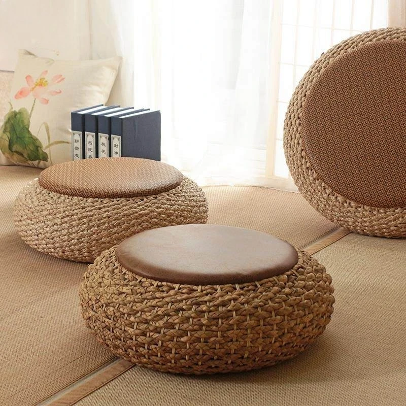 Round Woven Rattan Floor Cushion Thickened Meditation Pouf Comfort Seat Pad for Balcony Tatami Indoor Use