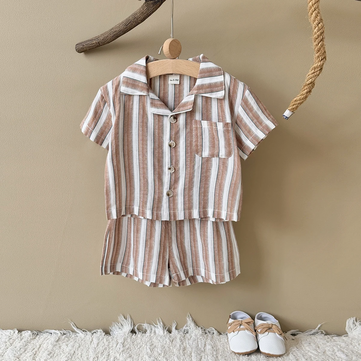 Newborn Baby Boys Girls Clothing Summer Set Green Stripe Buttoned Short Sleeved Lapel Shirt +Shorts Clothes 2Pcs Set