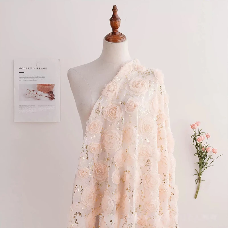 

1 Yards 3D Lace Rose Flower Embroidery Hot Stamping Tull Lace Fabric For Diy Sewing Apparel Wedding Dress Performance Costume