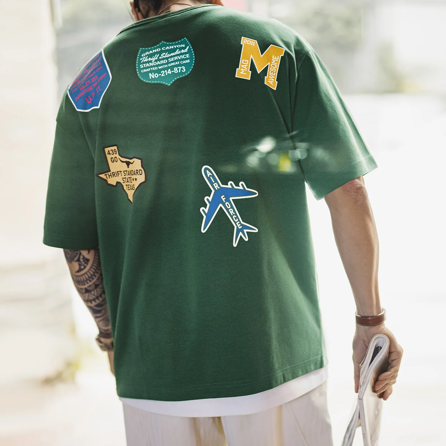 Maden Men's T-Shirt Retro Airplane Print Green Crew Neck Short Sleeve Casual Loose Streetwear Summer Patched Graphic Tee