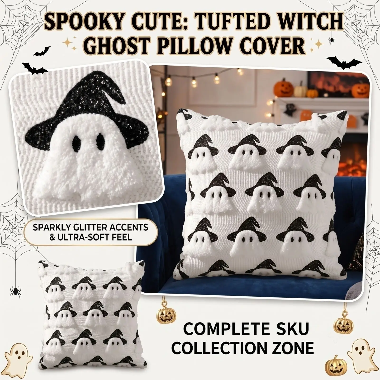 Halloween Witch Hat Ghost Print Pillowcase, 45*45cm Square Pillow Cover, Soft Plush Cushion Cover for Couch and Bedroom Decor