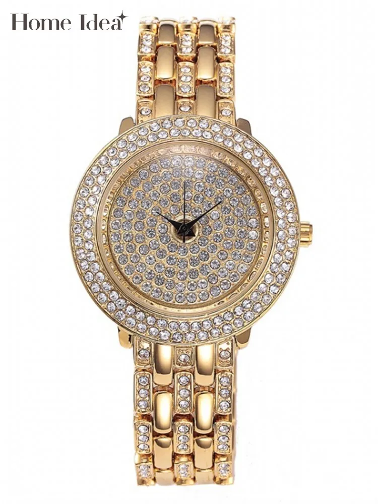 

Women Fashion Casual Round Quartz Wristwatch Office Ladies Work Shiny Diamonds Watches Push Button Hidden Clasp Watch