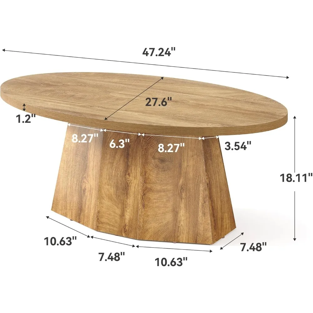 Oval Coffee Table, 47-Inch Living Room Table with Polygonal Pedestal, Modern Center Accent Furniture, Child-Friendly, Easy to As