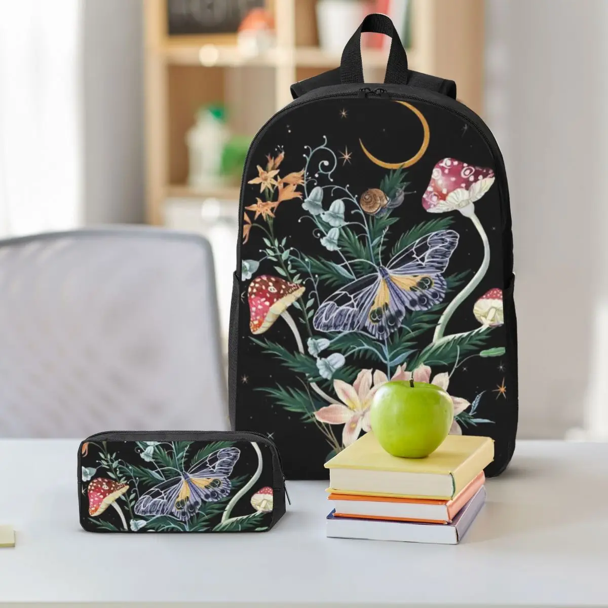 Mushroom Butterfly And Plant Pattern Backpack Student BookBag School Bag Shoulder Bags 3ps Insulated Lunch Bag Pencil Case