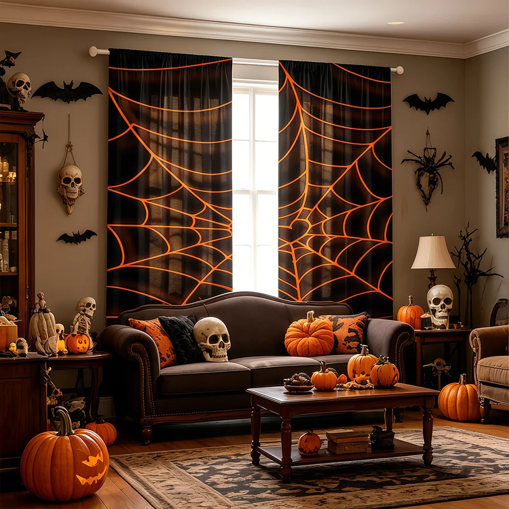 2PCS Digital Print Curtains Black Background Orange Spider Web Print Halloween Kitchen Window Drapes