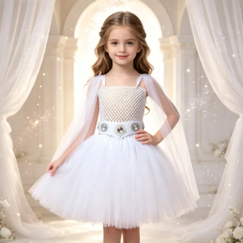 White Ballet-Style Tulle Tutu Dress for Halloween, Kids' Outfit for Stage Performances & Parties, Elegant Princess-Style Dress