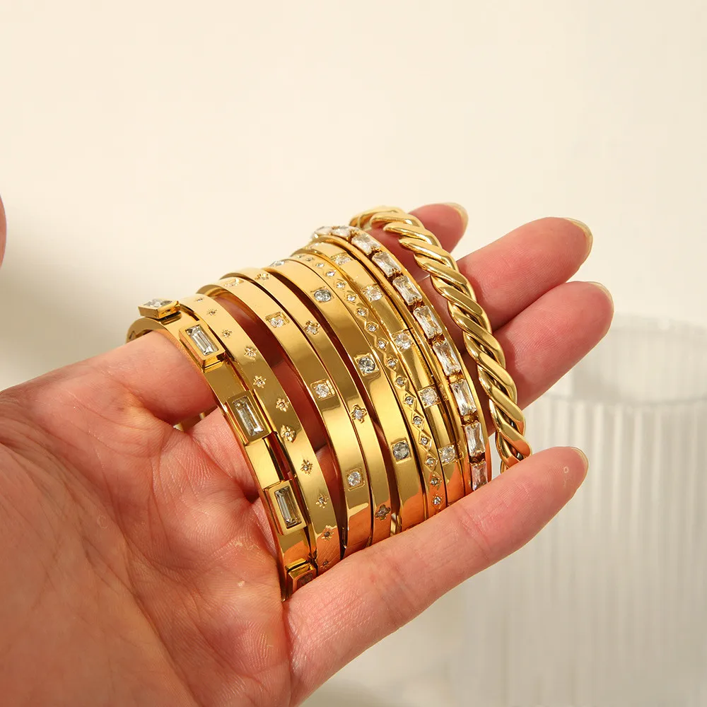 1pc Waterproof Cubic Zirconia Bangles Stainless Steel Bracelets Tarnish Free Jewelry for Women Factory Wholesales Customize