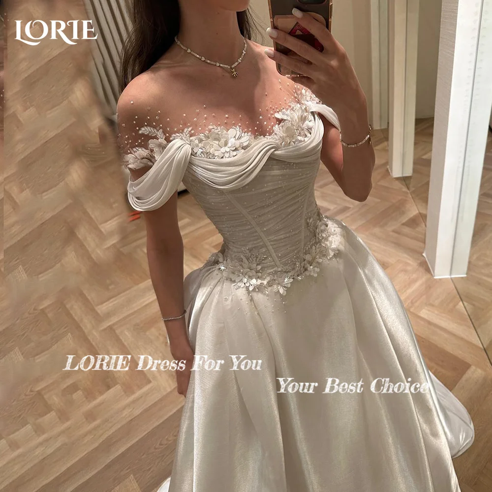 LORIE 3D Flower Shiny Wedding Dresses Off Shoulder Appliques Lace Bridal Gowns Princess Pleats Beach Wedding Dress customized image 3